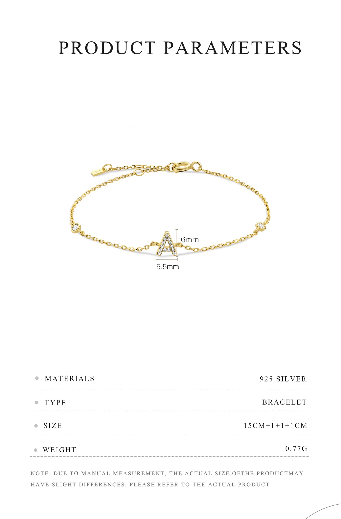925 Sterling Silver Initial Letter Bracelet Gold CZ Zircon Alphabet Monogram
