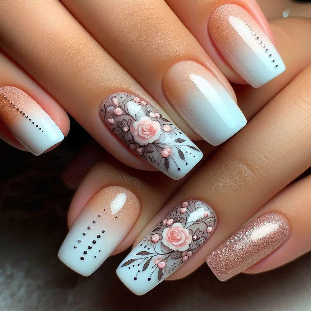 24pcs Simple French Press on Nails Tips Love Stripe Design Short Square False Nails Woman Acrylic Full Cover Nail Art Fake Nail