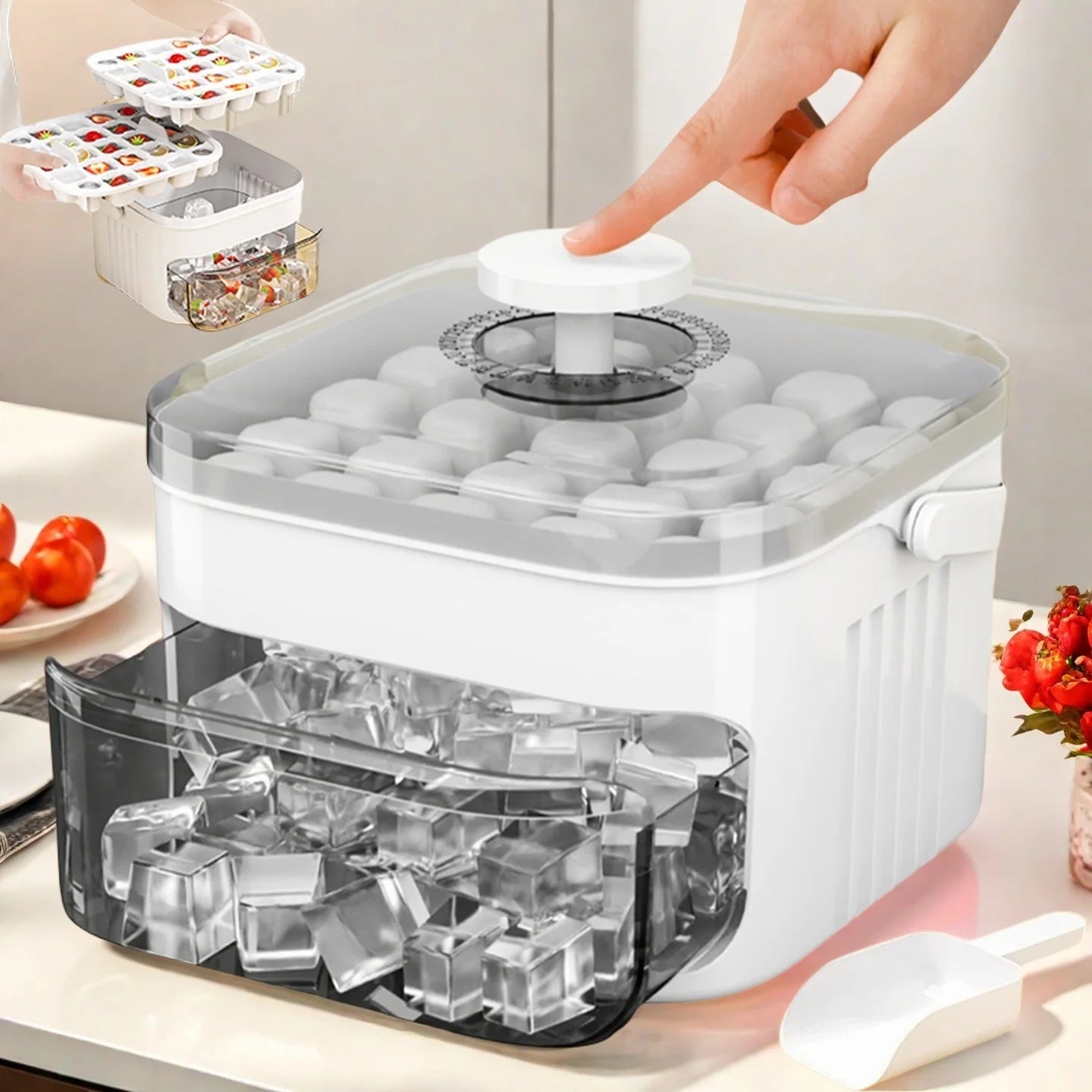 Double Layer Ice Cube Tray Box with Lid and Bin Pull Out Ice Storage Drawer