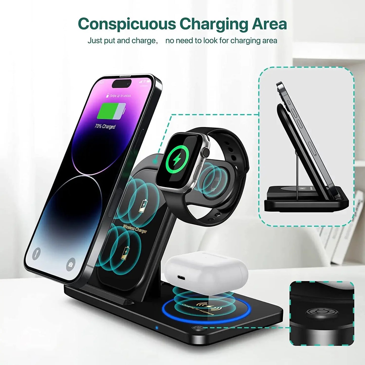 30W 3-in-1 Fast Wireless Charger Stand – Foldable Charging Dock for iPhone, Apple Watch & AirPods (iPhone 15–11 Compatible)