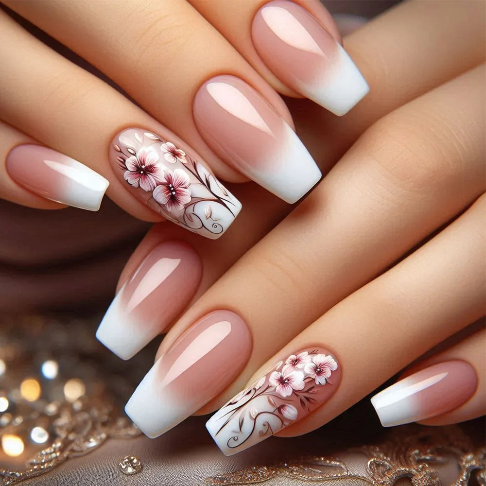 24pcs Simple French Press on Nails Tips Love Stripe Design Short Square False Nails Woman Acrylic Full Cover Nail Art Fake Nail