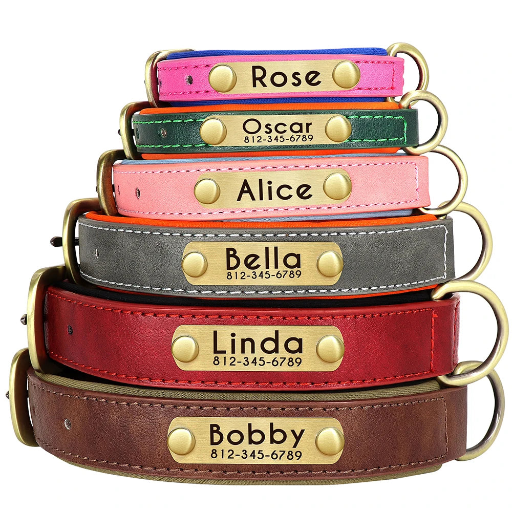 Customized PU Leather Dog Collar – Soft Padded Adjustable Name Engraved Collar