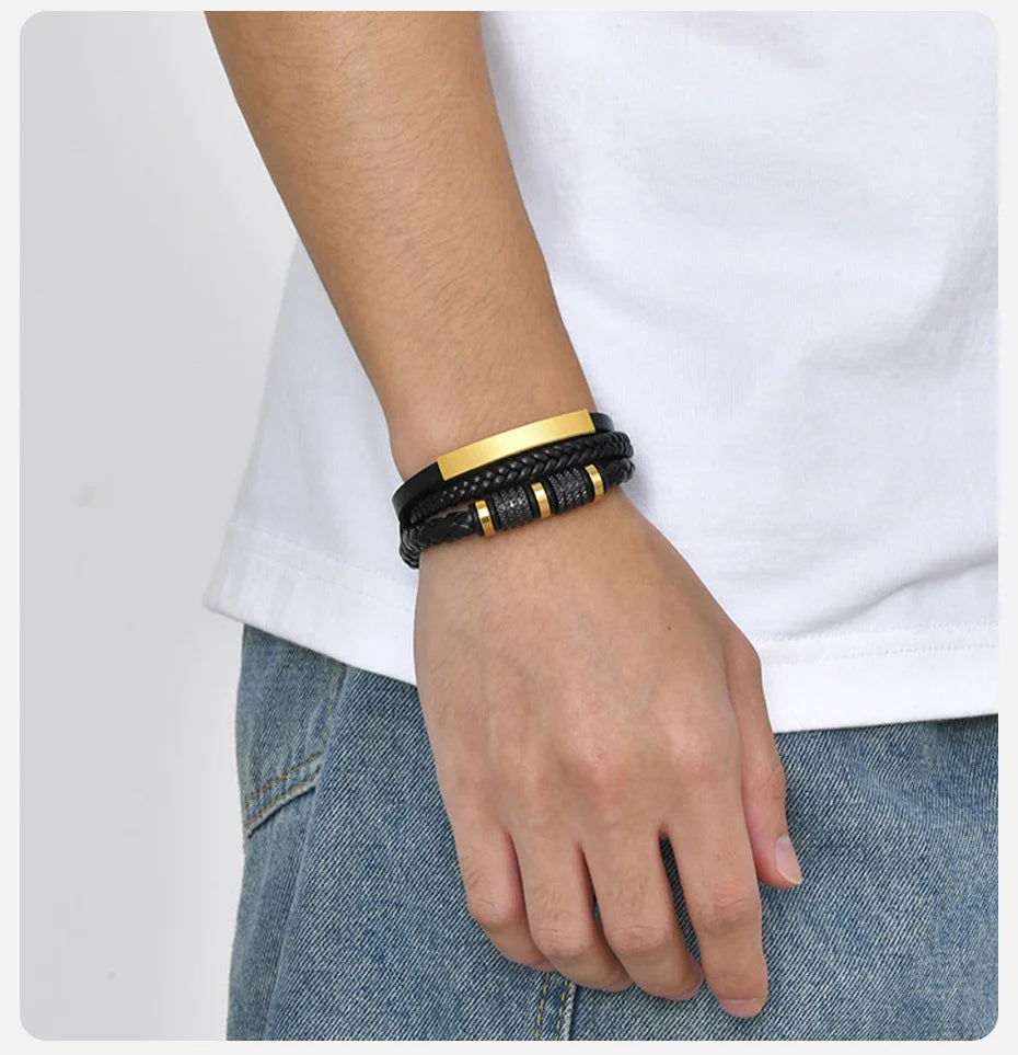 Vnox Personalized Braided Leather Bracelet for Men Handmade Triple Woven Pu Leather Bracelet Custom Name Text Jewelry Gifts