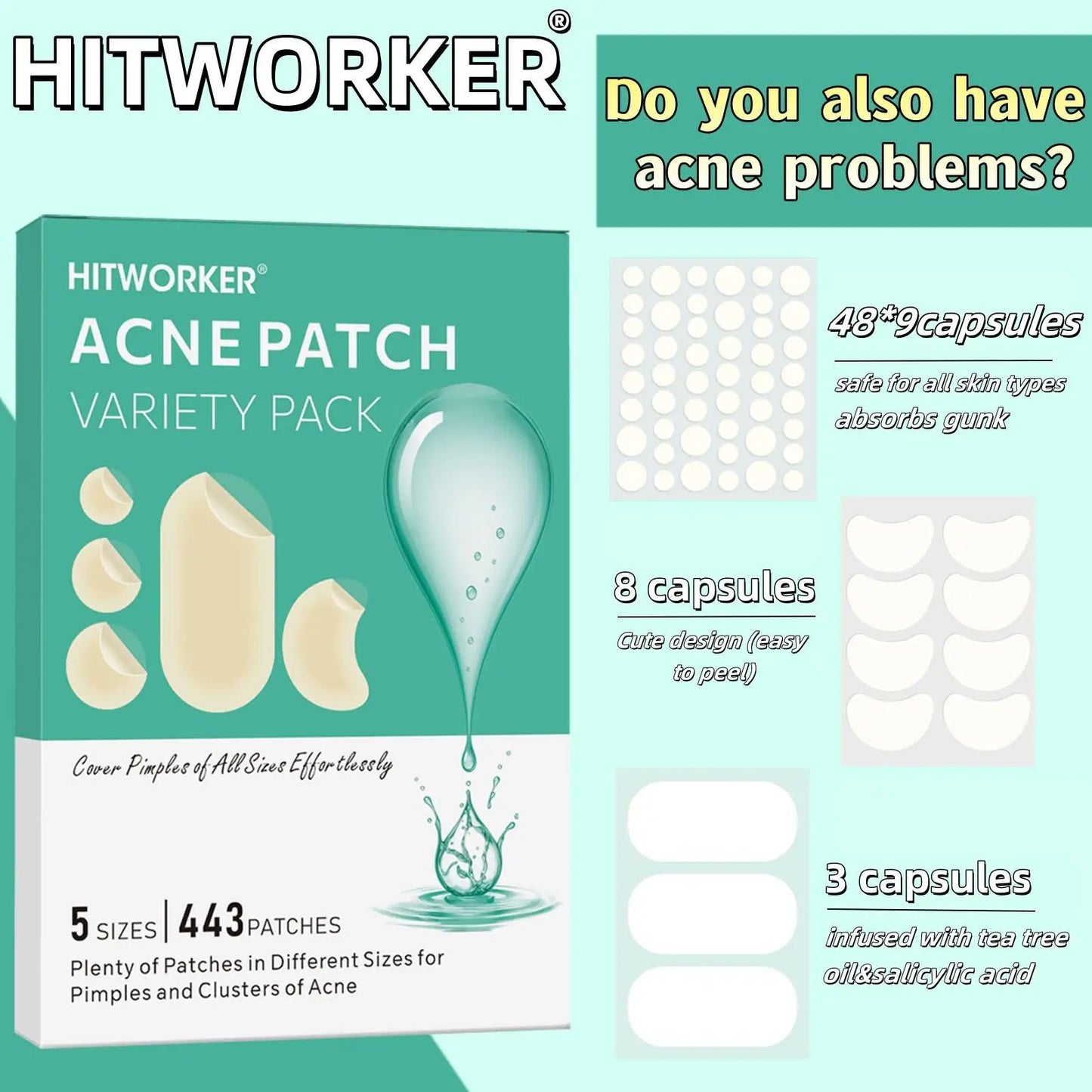 443pcs water-based gel acne patch - removes facial acne, soothes and heals the skin, multiple sizes of oversized acne patches