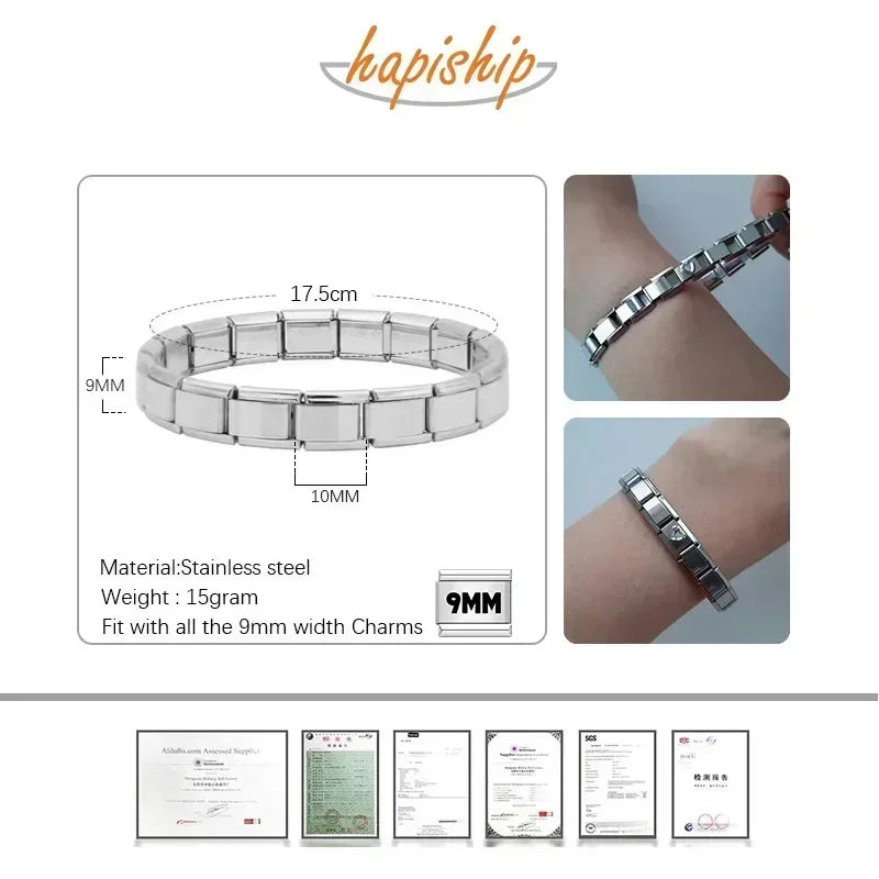 Italian Elastic Stainless Steel Charm Bracelet 9mm
