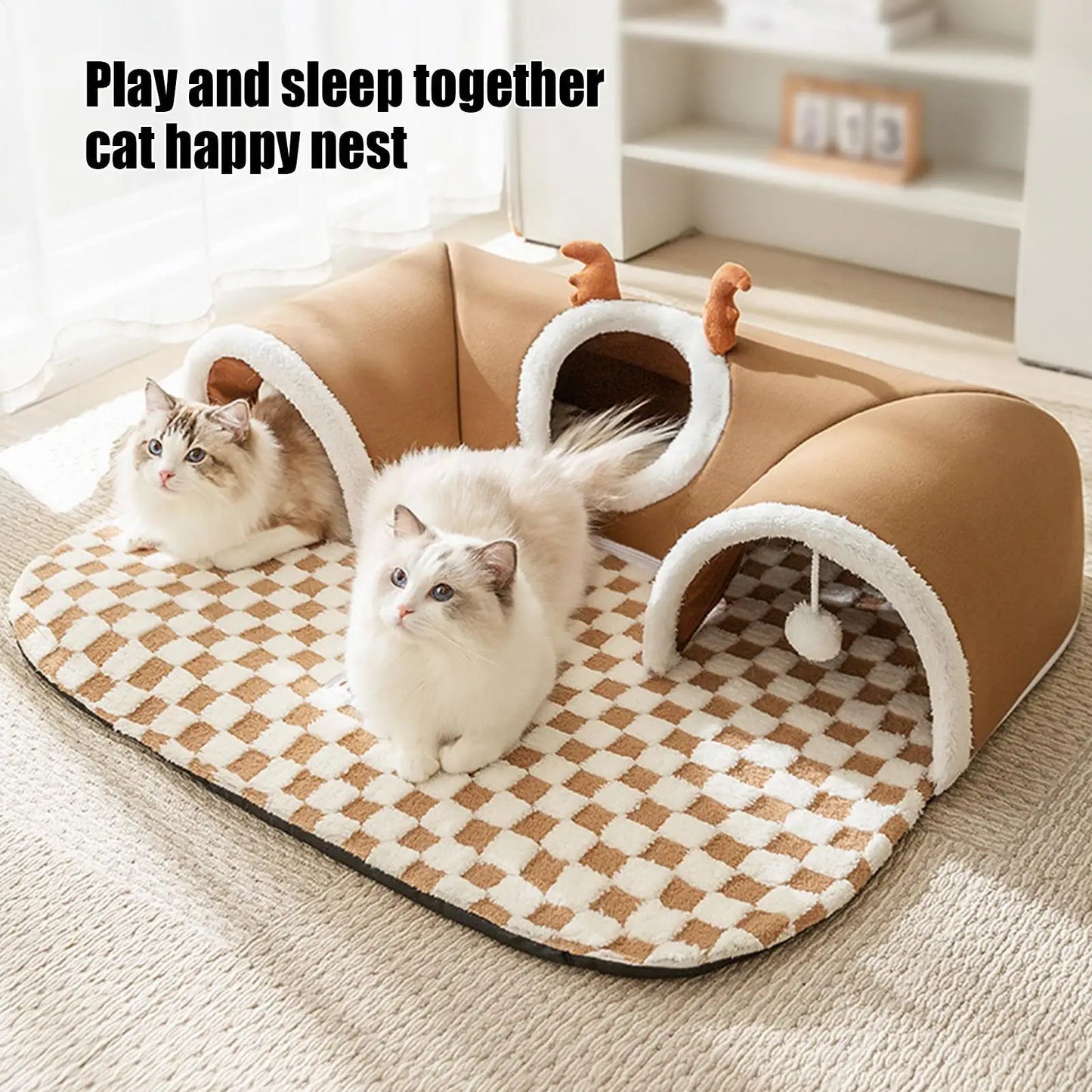 Cat Bed and Play Tunnel Warm House Tent with Plush Mat Indoor Hideaway Corner Shelter Foldable Pet Furniture for Kittens Cats