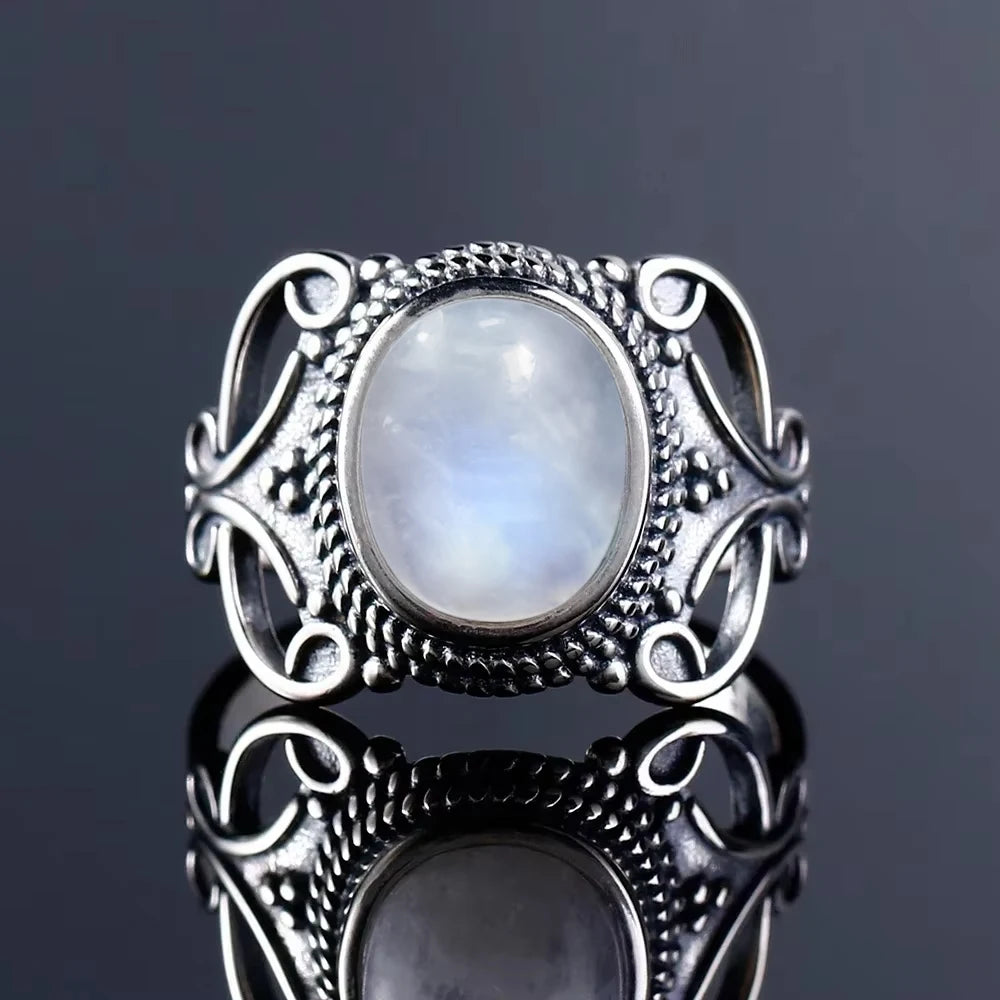 Vintage 925 Silver Ring Natural Moonstone Flower Ring 925 Hollow Eye Shape Round Sun And Moon Ring Fine Jewelry for Women Men