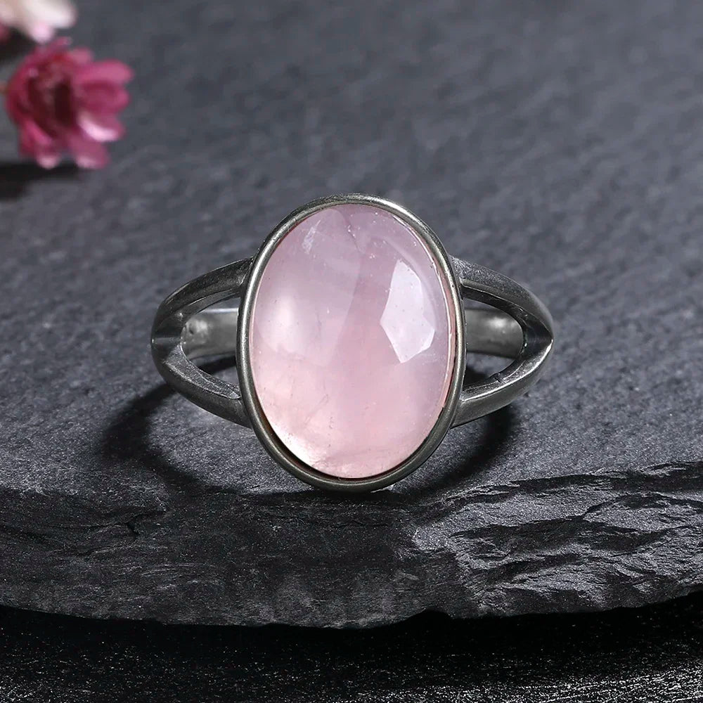 Vintage S925 Sterling Silver Ring Oval Round Natural Rose Quartz Ring Pink Stone Sun Shaped Retro Silver Fine Jewelry For Women
