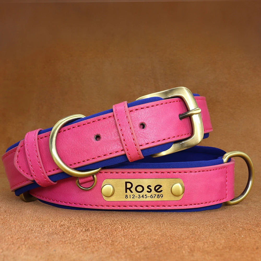 Customized PU Leather Dog Collar – Soft Padded Adjustable Name Engraved Collar