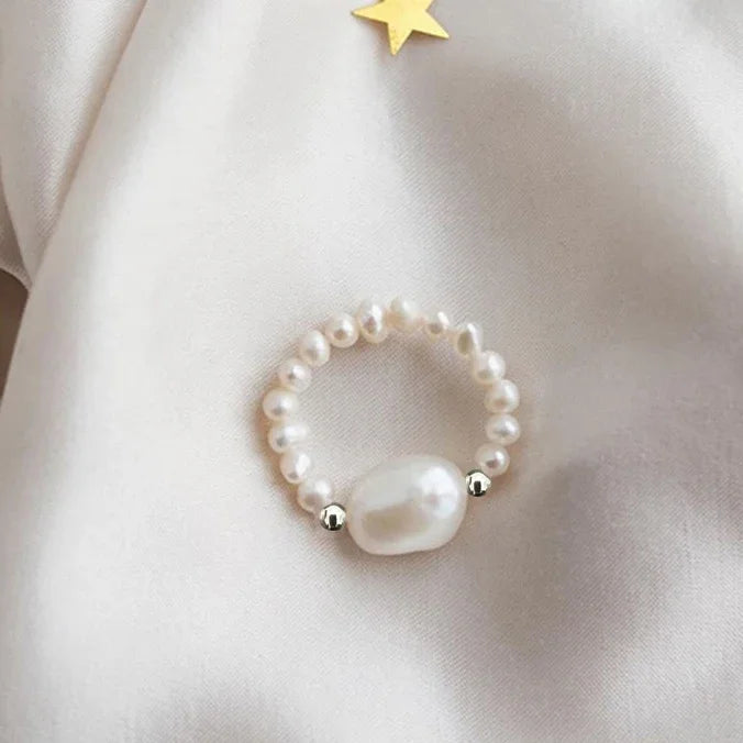 Elegant Handmade Freshwater Pearl Rings Women With Stainless Steel Bead Elastic Thread Wedding Statement Ring Gift