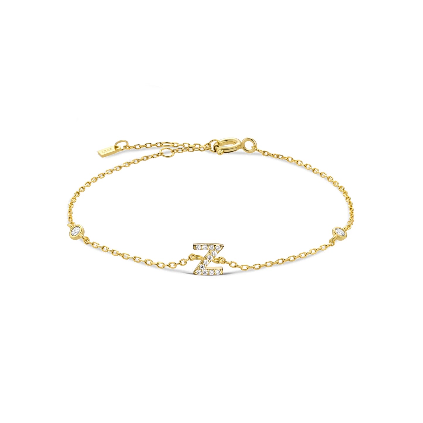 925 Sterling Silver Initial Letter Bracelet Gold CZ Zircon Alphabet Monogram