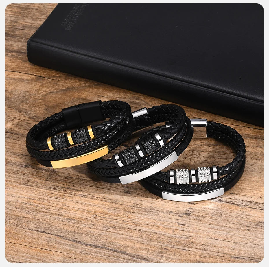 Vnox Personalized Braided Leather Bracelet for Men Handmade Triple Woven Pu Leather Bracelet Custom Name Text Jewelry Gifts