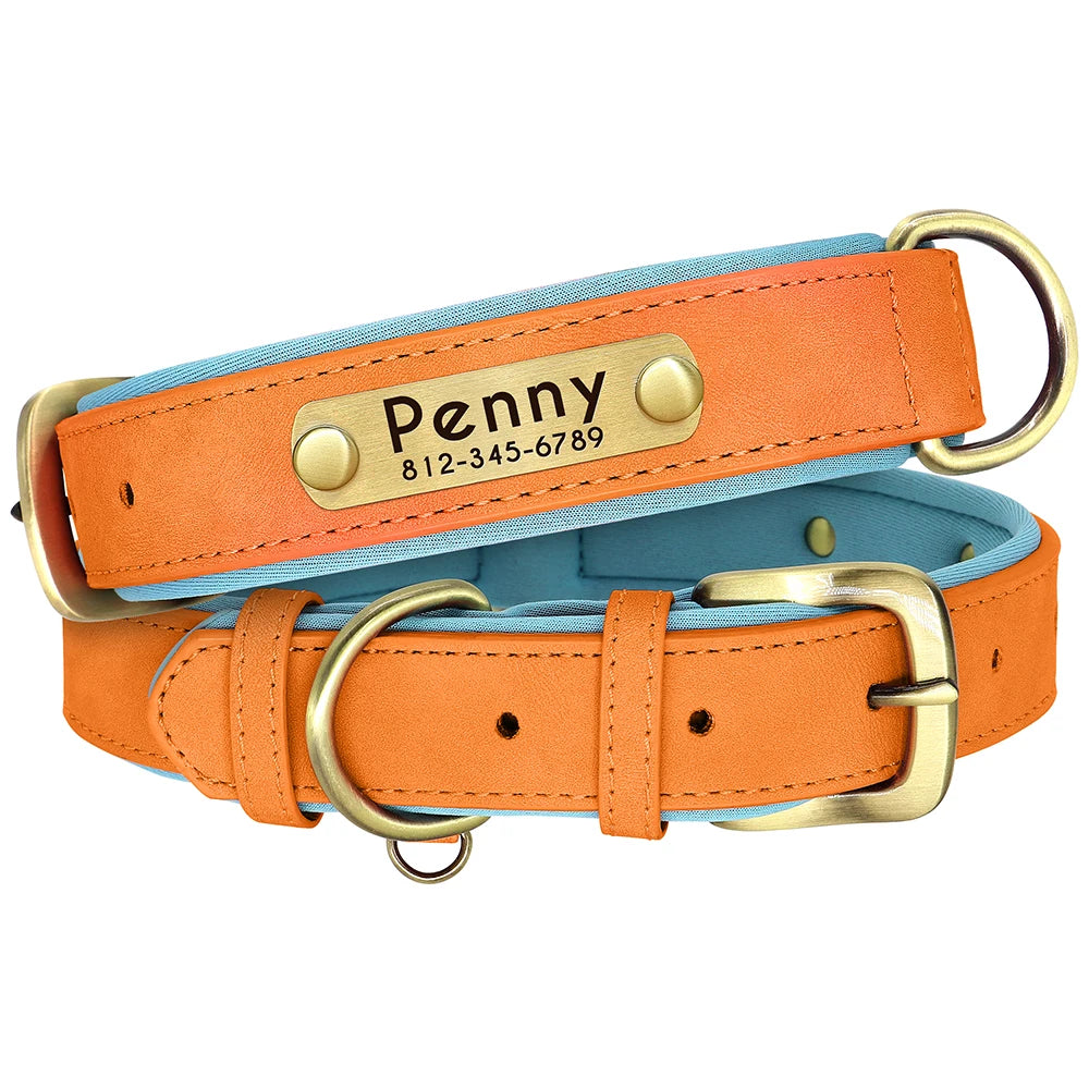 Customized PU Leather Dog Collar – Soft Padded Adjustable Name Engraved Collar