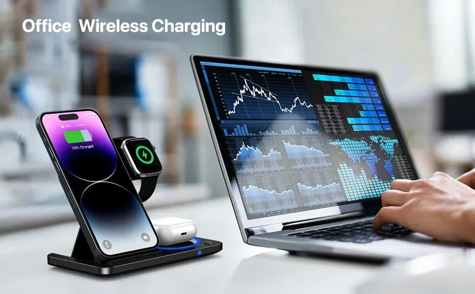 30W 3-in-1 Fast Wireless Charger Stand – Foldable Charging Dock for iPhone, Apple Watch & AirPods (iPhone 15–11 Compatible)
