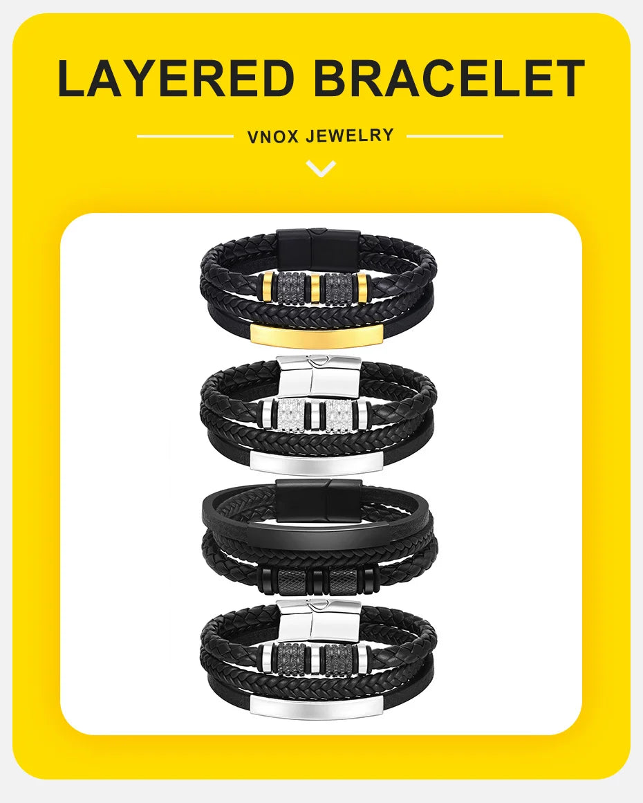 Vnox Personalized Braided Leather Bracelet for Men Handmade Triple Woven Pu Leather Bracelet Custom Name Text Jewelry Gifts