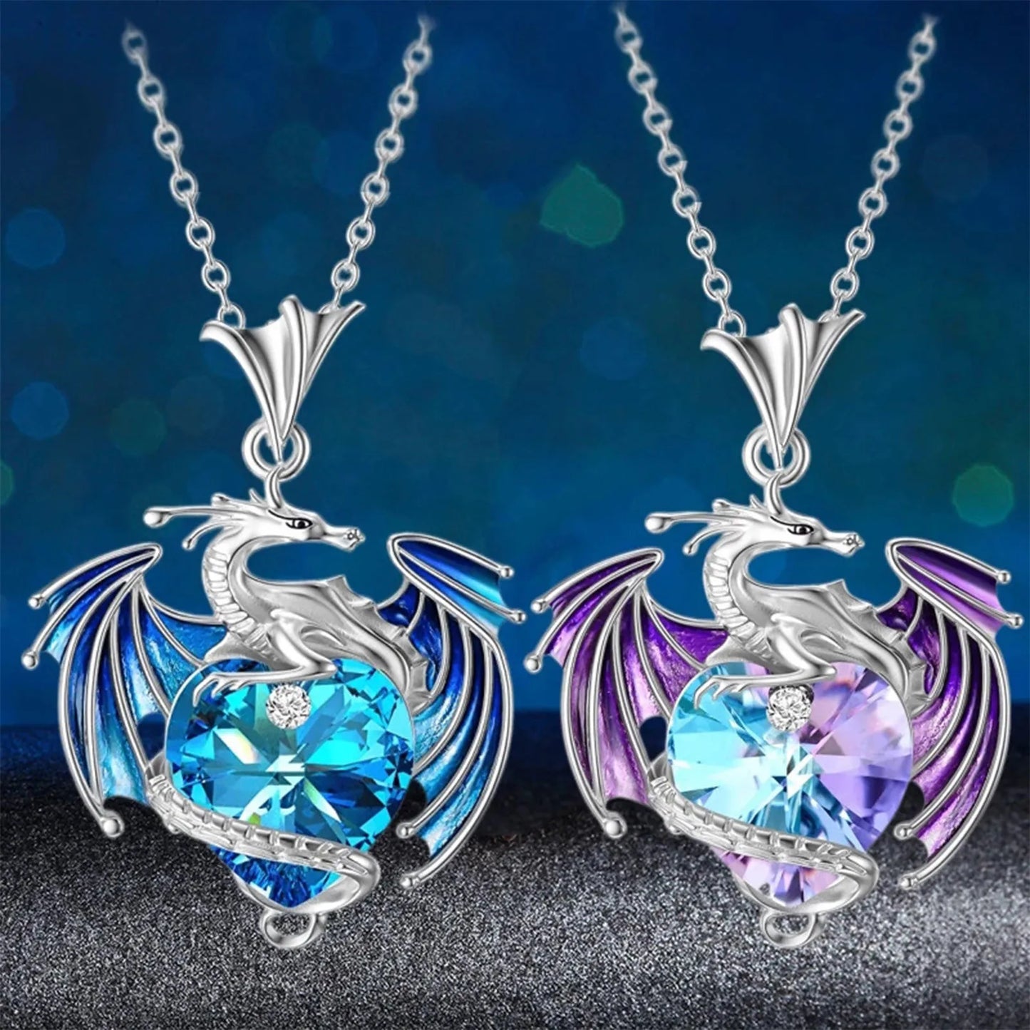 Silver Dragon Heart Rhinestone Pendant Necklace Exquisite Multi-Color Party Jewelry
