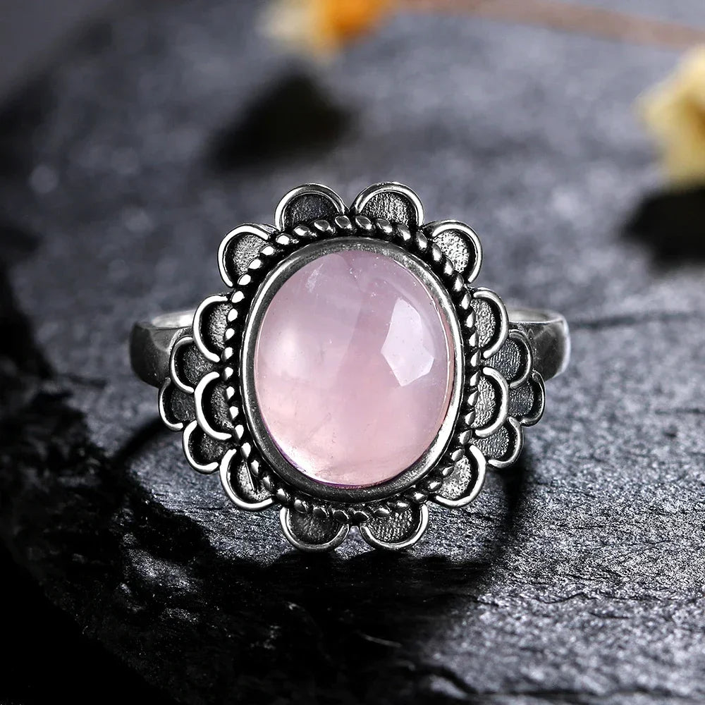 Vintage S925 Sterling Silver Ring Oval Round Natural Rose Quartz Ring Pink Stone Sun Shaped Retro Silver Fine Jewelry For Women