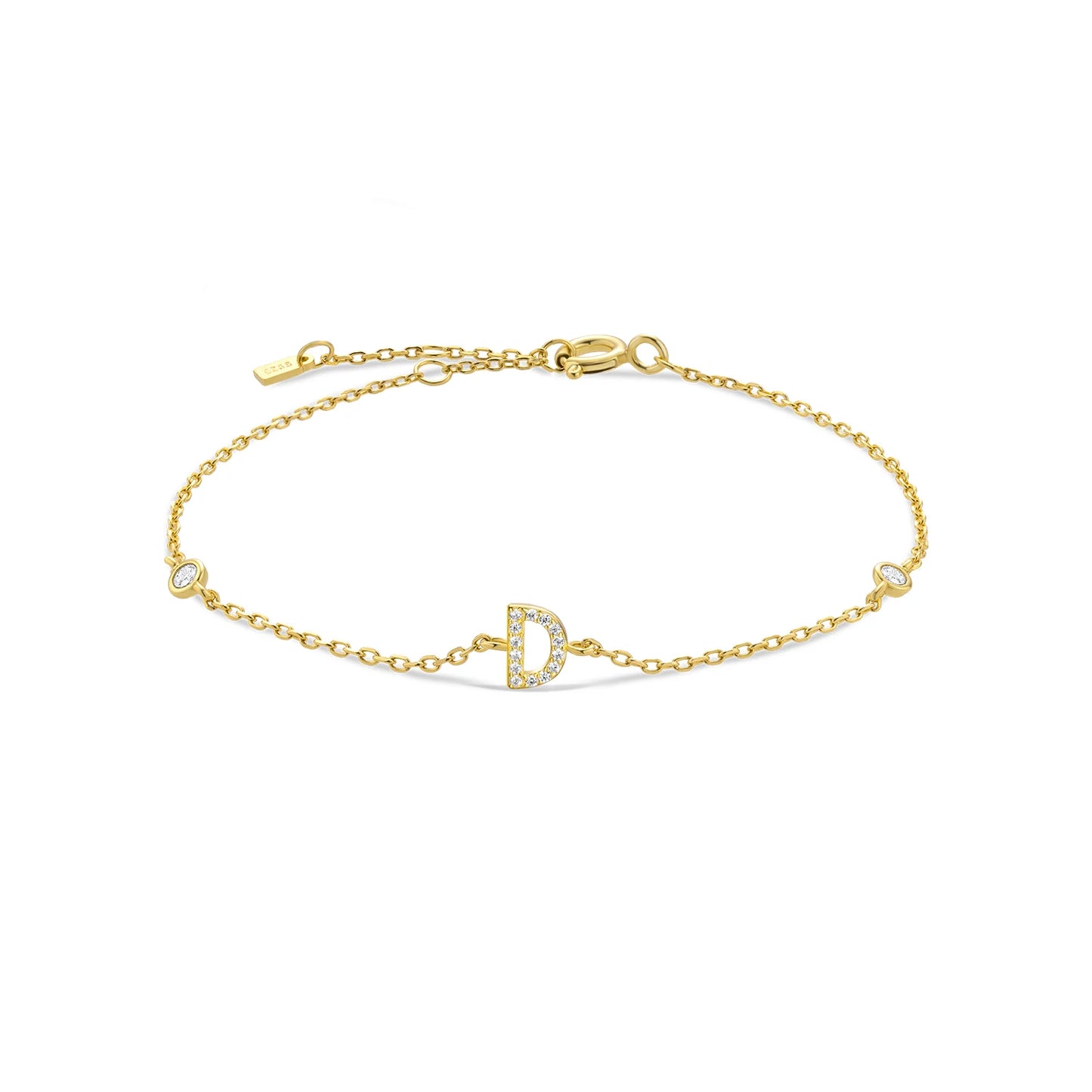 925 Sterling Silver Initial Letter Bracelet Gold CZ Zircon Alphabet Monogram