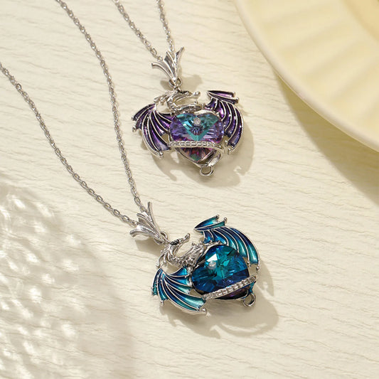 Silver Dragon Heart Rhinestone Pendant Necklace Exquisite Multi-Color Party Jewelry