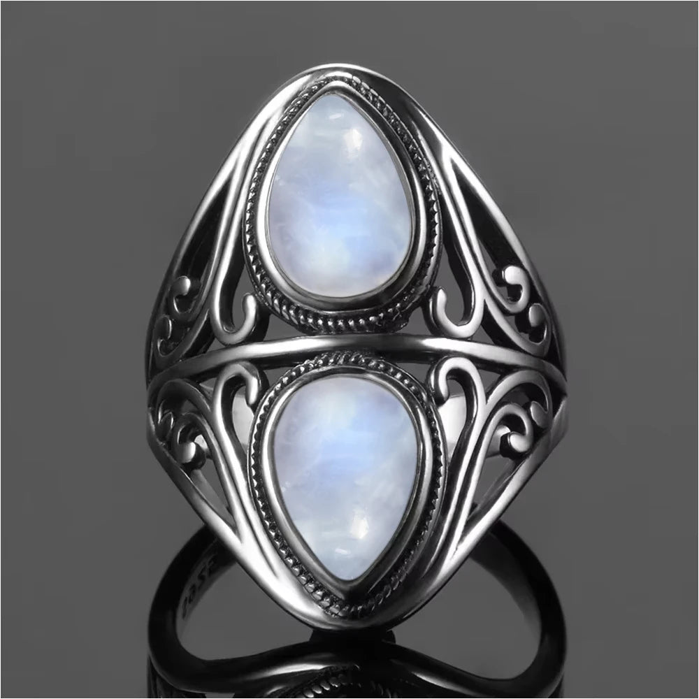 Vintage 925 Silver Ring Natural Moonstone Flower Ring 925 Hollow Eye Shape Round Sun And Moon Ring Fine Jewelry for Women Men