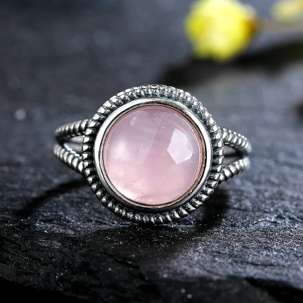 Vintage S925 Sterling Silver Ring Oval Round Natural Rose Quartz Ring Pink Stone Sun Shaped Retro Silver Fine Jewelry For Women