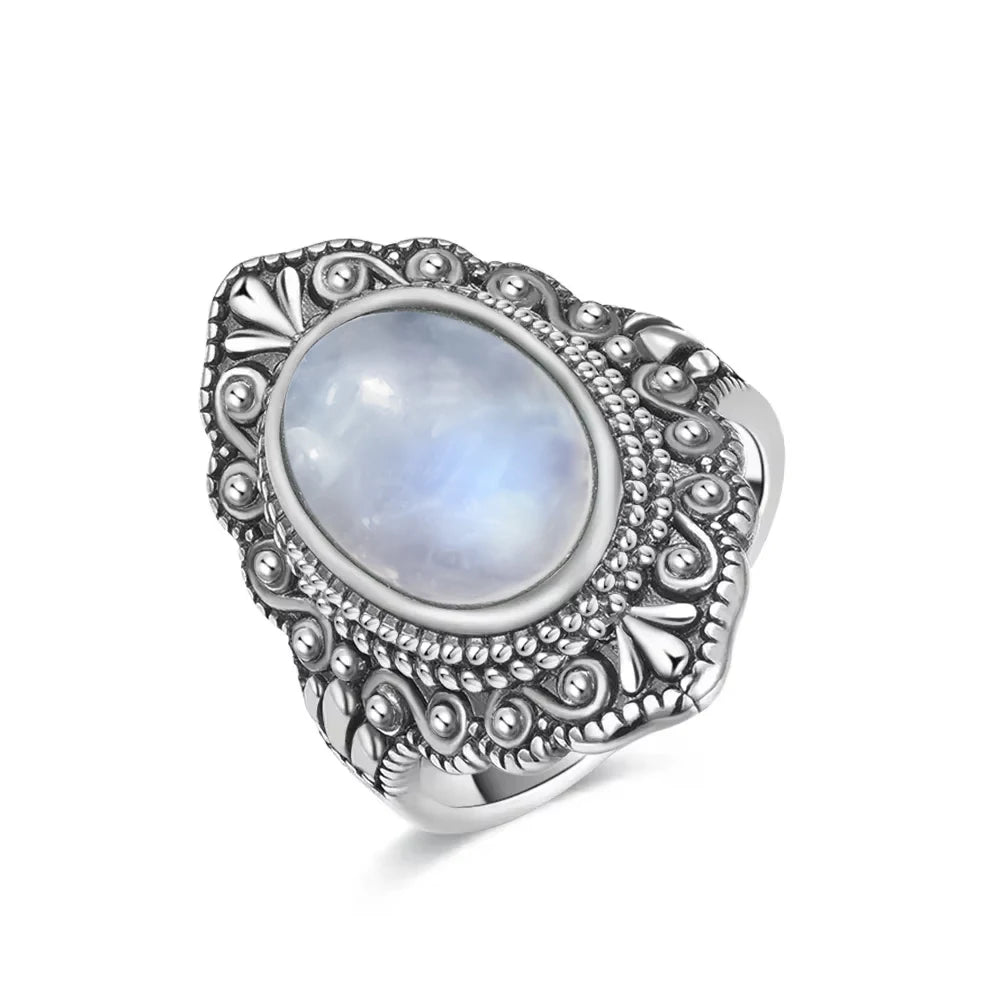 Vintage 925 Silver Ring Natural Moonstone Flower Ring 925 Hollow Eye Shape Round Sun And Moon Ring Fine Jewelry for Women Men