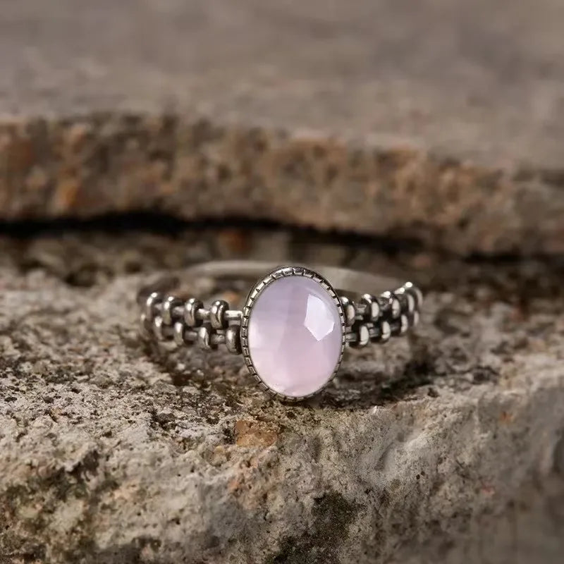 Vintage S925 Sterling Silver Ring Oval Round Natural Rose Quartz Ring Pink Stone Sun Shaped Retro Silver Fine Jewelry For Women