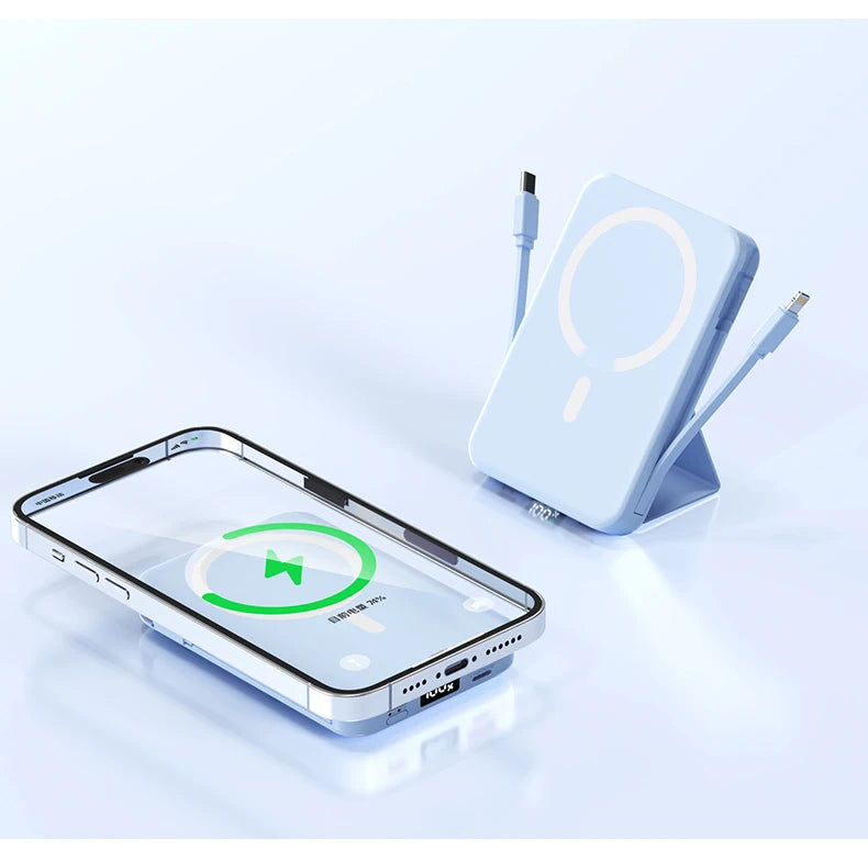 10000mAh Magnetic Wireless Power Bank with Built in Cables and Fast Charging Stand