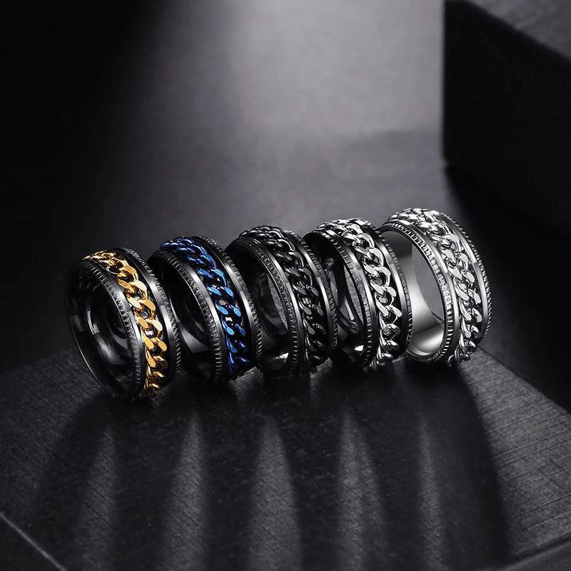 Anxiety Fidget Rings For Men Spining Titanium Stainless Steel Colorfully Spinner Rotatable Chain Jewelry Rotating Rings Men Gift