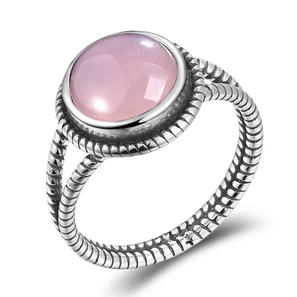 Vintage S925 Sterling Silver Ring Oval Round Natural Rose Quartz Ring Pink Stone Sun Shaped Retro Silver Fine Jewelry For Women