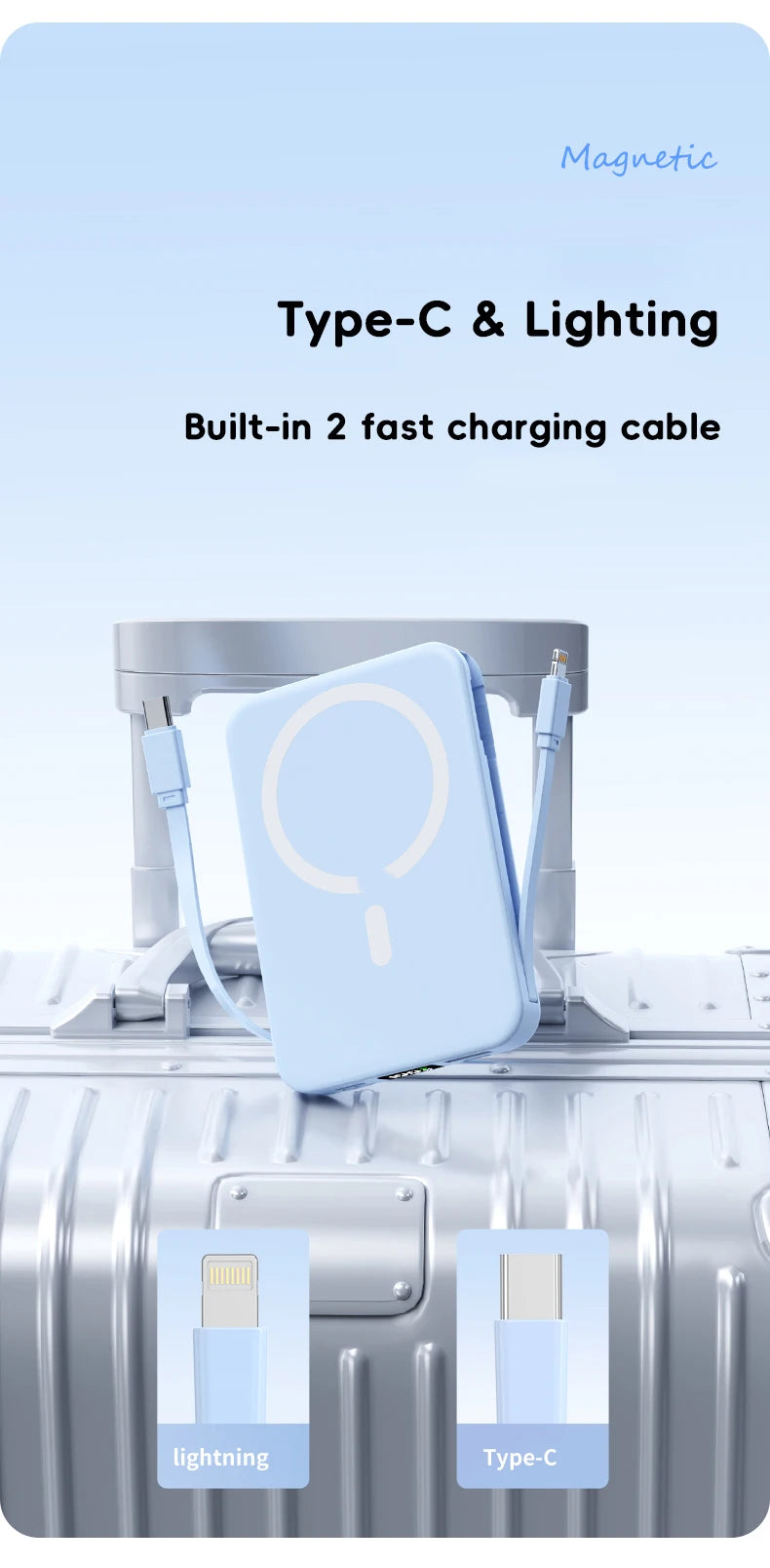 10000mAh Magnetic Wireless Power Bank with Built in Cables and Fast Charging Stand