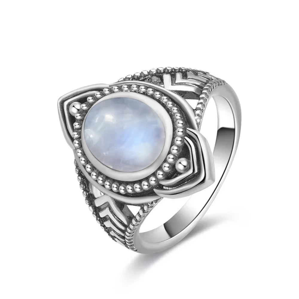 Vintage 925 Silver Ring Natural Moonstone Flower Ring 925 Hollow Eye Shape Round Sun And Moon Ring Fine Jewelry for Women Men