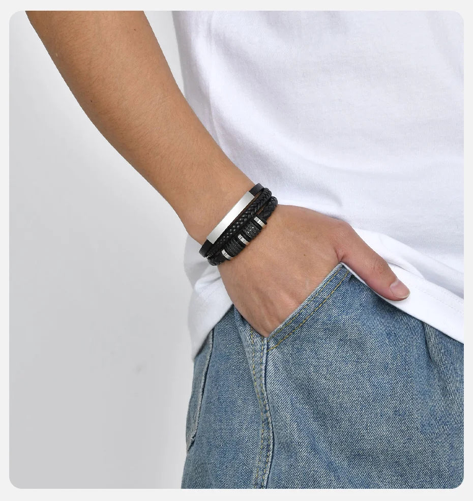 Vnox Personalized Braided Leather Bracelet for Men Handmade Triple Woven Pu Leather Bracelet Custom Name Text Jewelry Gifts