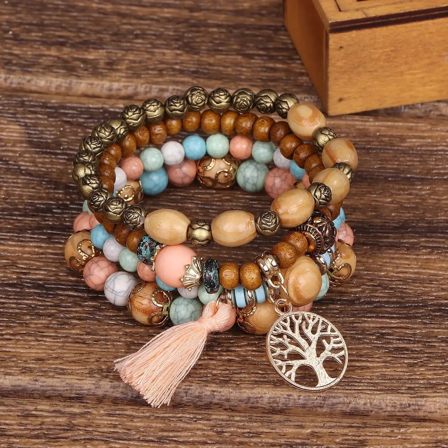 4Pcs/Set Boho Wooden Beaded Bracelet Set For Women Tree Of Life White Tassels Charm Elastic Chain Bangle Men Bohemia Jewelry