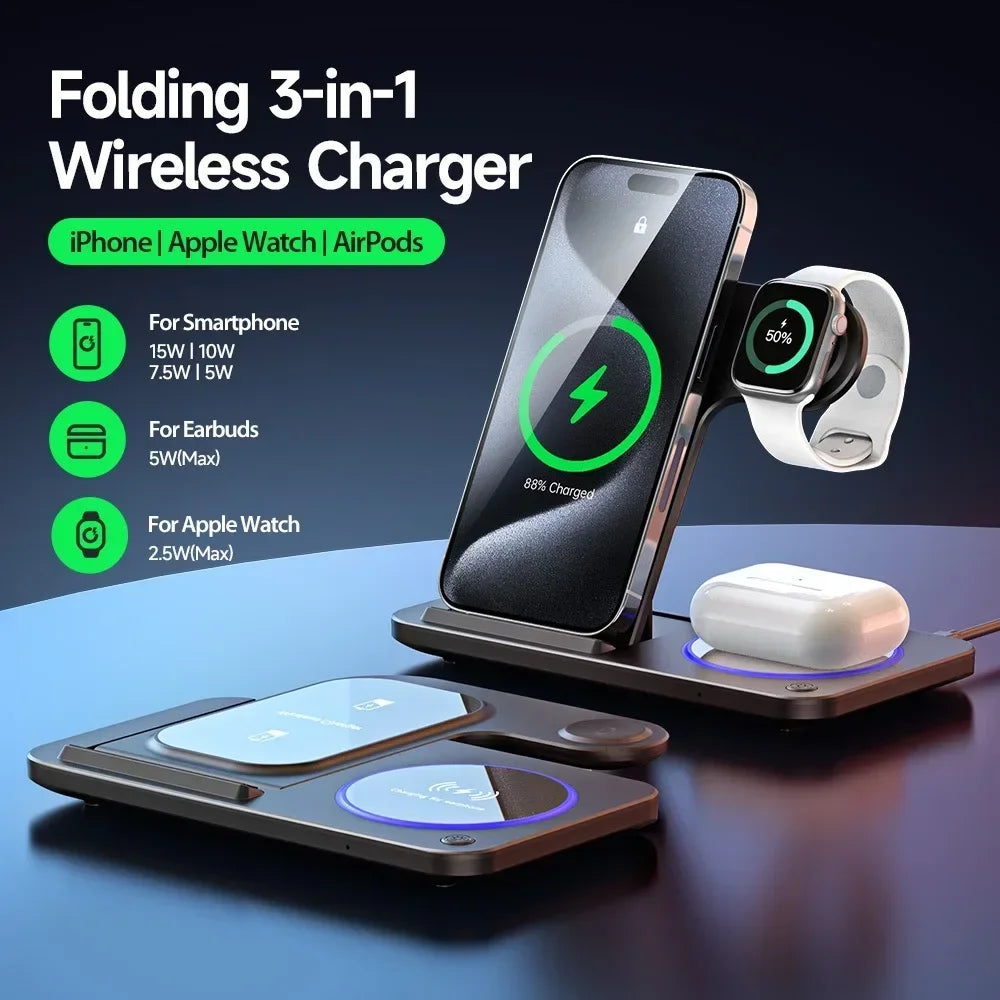 30W 3-in-1 Fast Wireless Charger Stand – Foldable Charging Dock for iPhone, Apple Watch & AirPods (iPhone 15–11 Compatible)