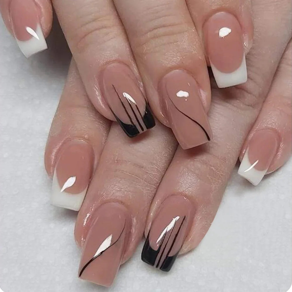 24pcs Simple French Press on Nails Tips Love Stripe Design Short Square False Nails Woman Acrylic Full Cover Nail Art Fake Nail