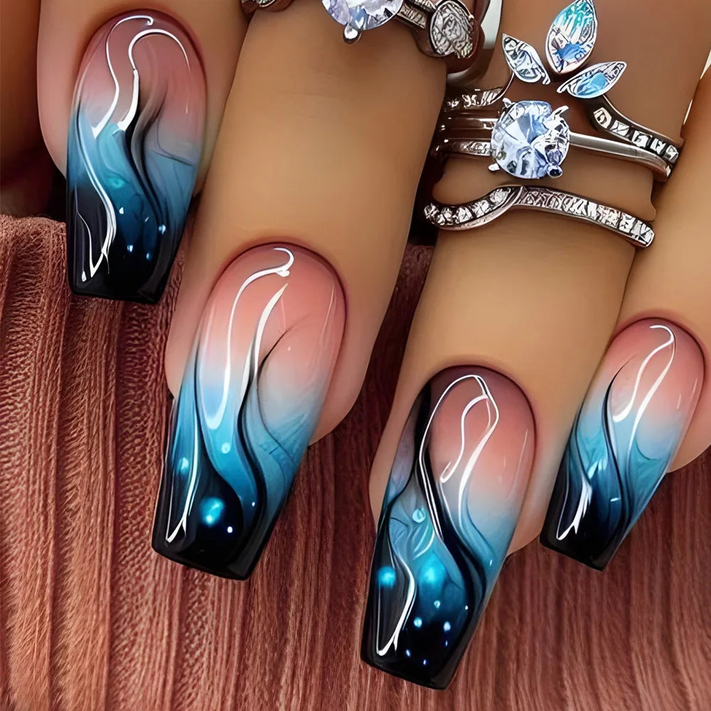 24pcs Simple French Press on Nails Tips Love Stripe Design Short Square False Nails Woman Acrylic Full Cover Nail Art Fake Nail