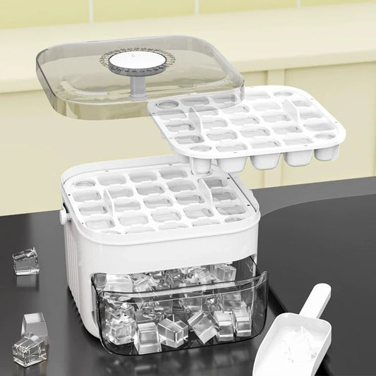 Double Layer Ice Cube Tray Box with Lid and Bin Pull Out Ice Storage Drawer
