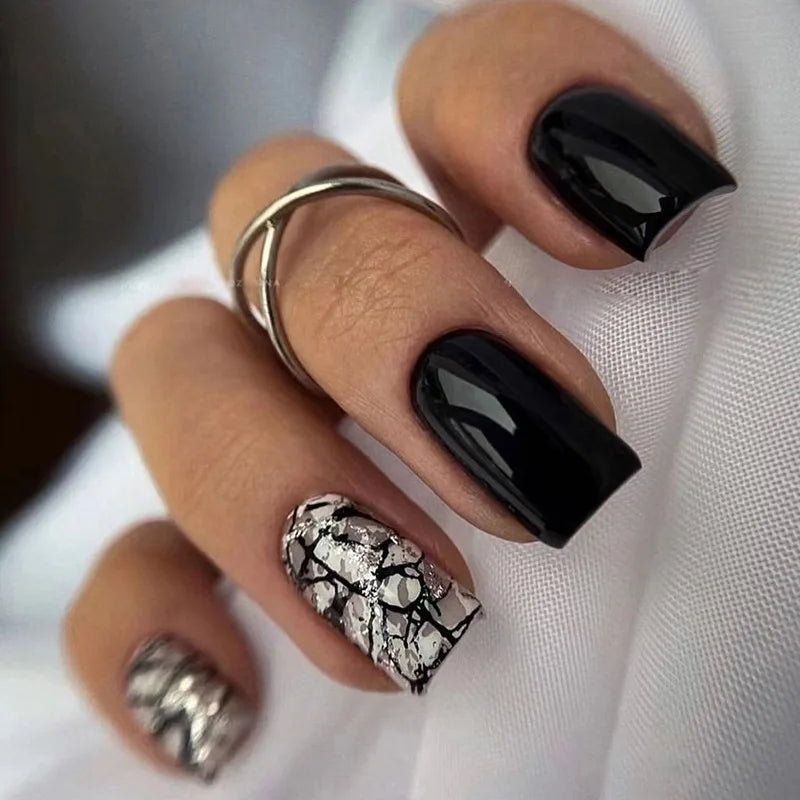 24Pcs Press on Fake Nails Short Square Black Starlit Sky Full Cover Tips