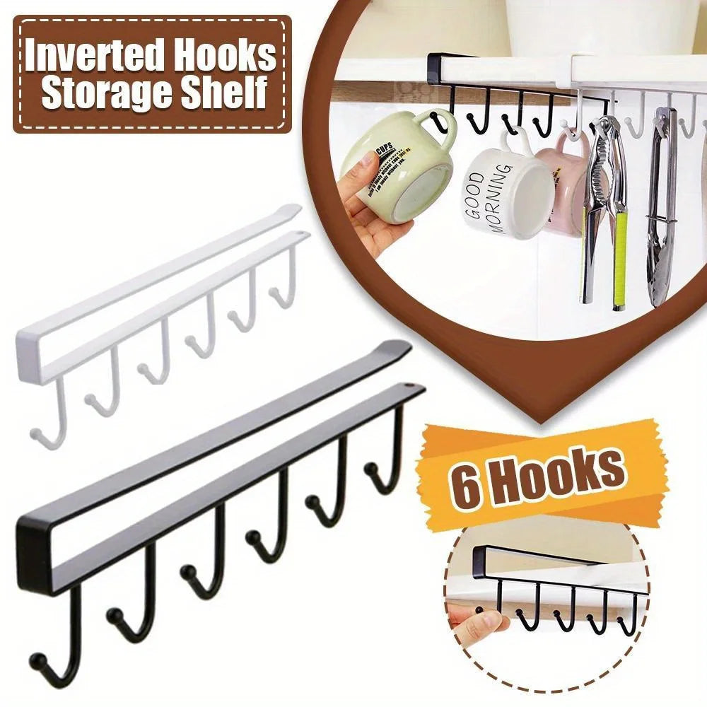 Under Cabinet Kitchen Storage Rack 6 Hooks Mug Cup Holder Hanging Organizer