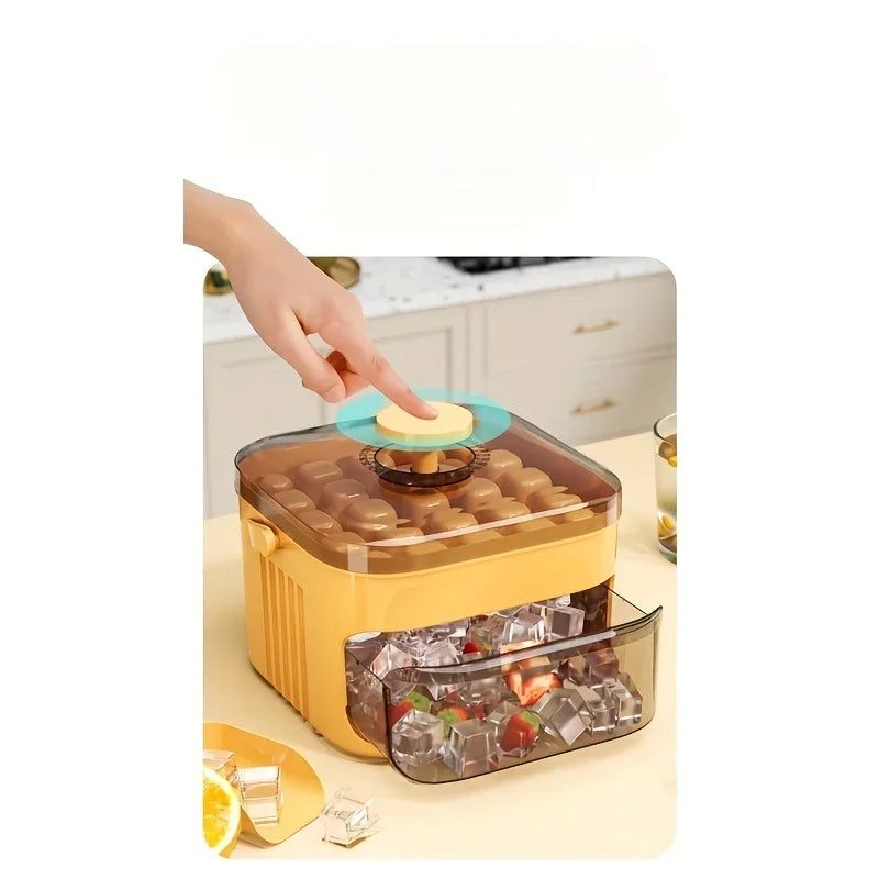 Double Layer Ice Cube Tray Box with Lid and Bin Pull Out Ice Storage Drawer