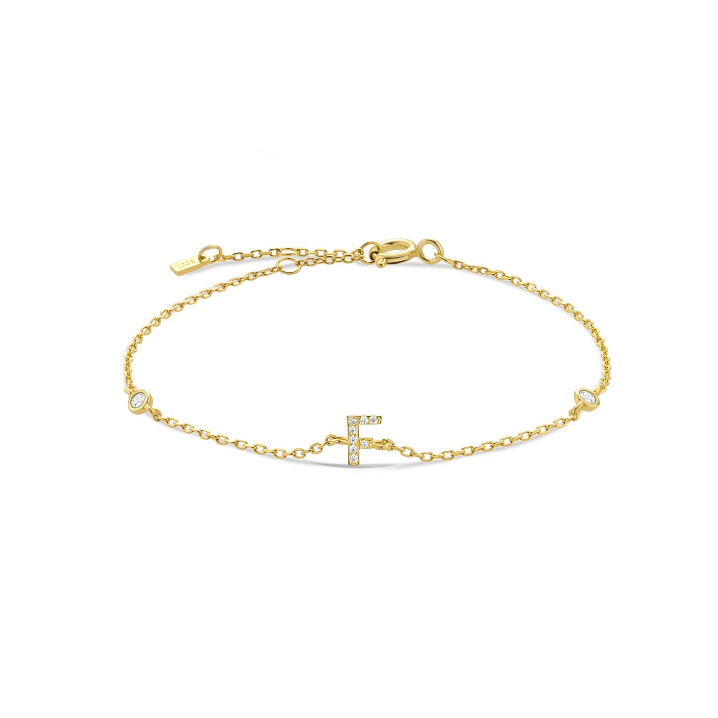 925 Sterling Silver Initial Letter Bracelet Gold CZ Zircon Alphabet Monogram
