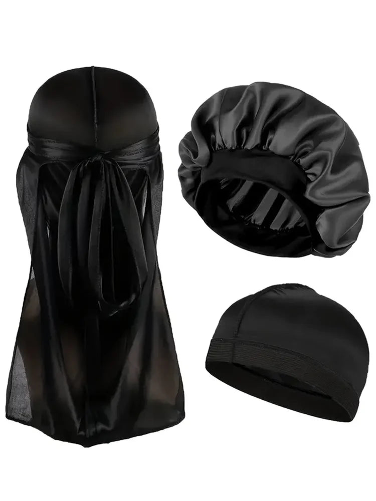 3pcs Satin Bonnet Durag and Dome Cap Set Elastic Night Sleep Hair Wrap