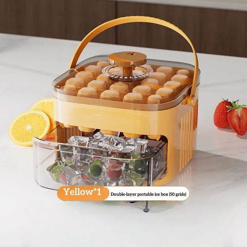 Double Layer Ice Cube Tray Box with Lid and Bin Pull Out Ice Storage Drawer