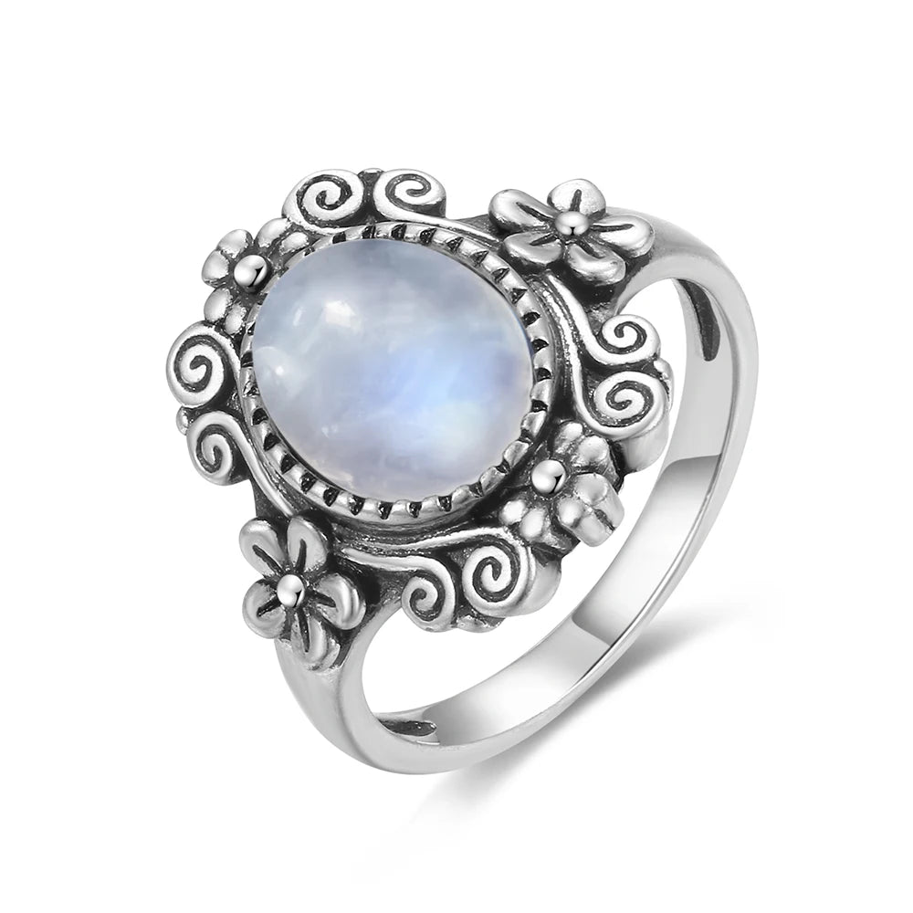 Vintage 925 Silver Ring Natural Moonstone Flower Ring 925 Hollow Eye Shape Round Sun And Moon Ring Fine Jewelry for Women Men
