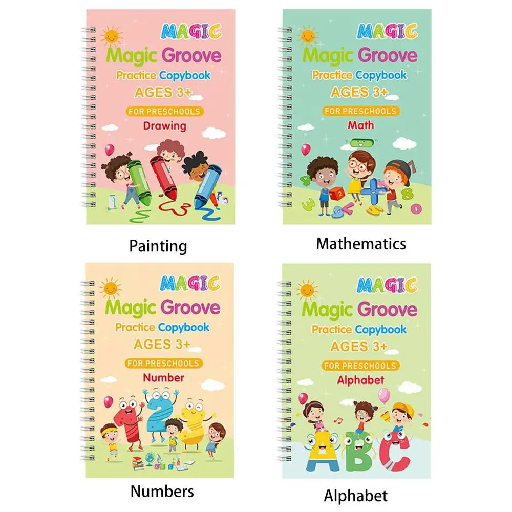 4-Pack Magic Grooved Handwriting Workbooks | Reusable Tracing Set with Pen Aid
