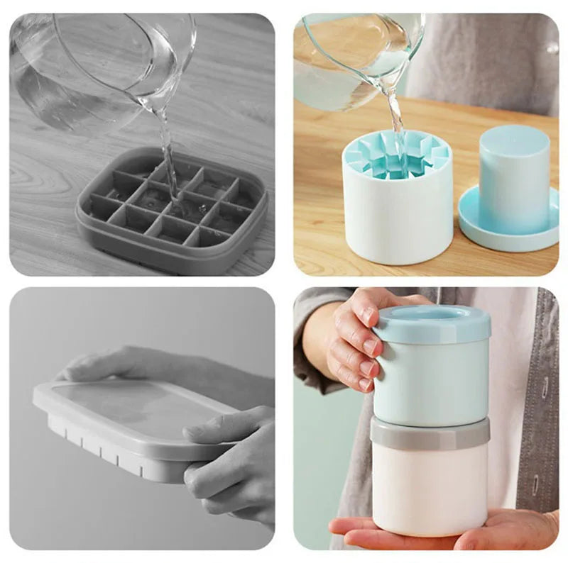 Silicone Round Ice Cube Mold Bucket Refrigerator Freeze Storage Maker Cups