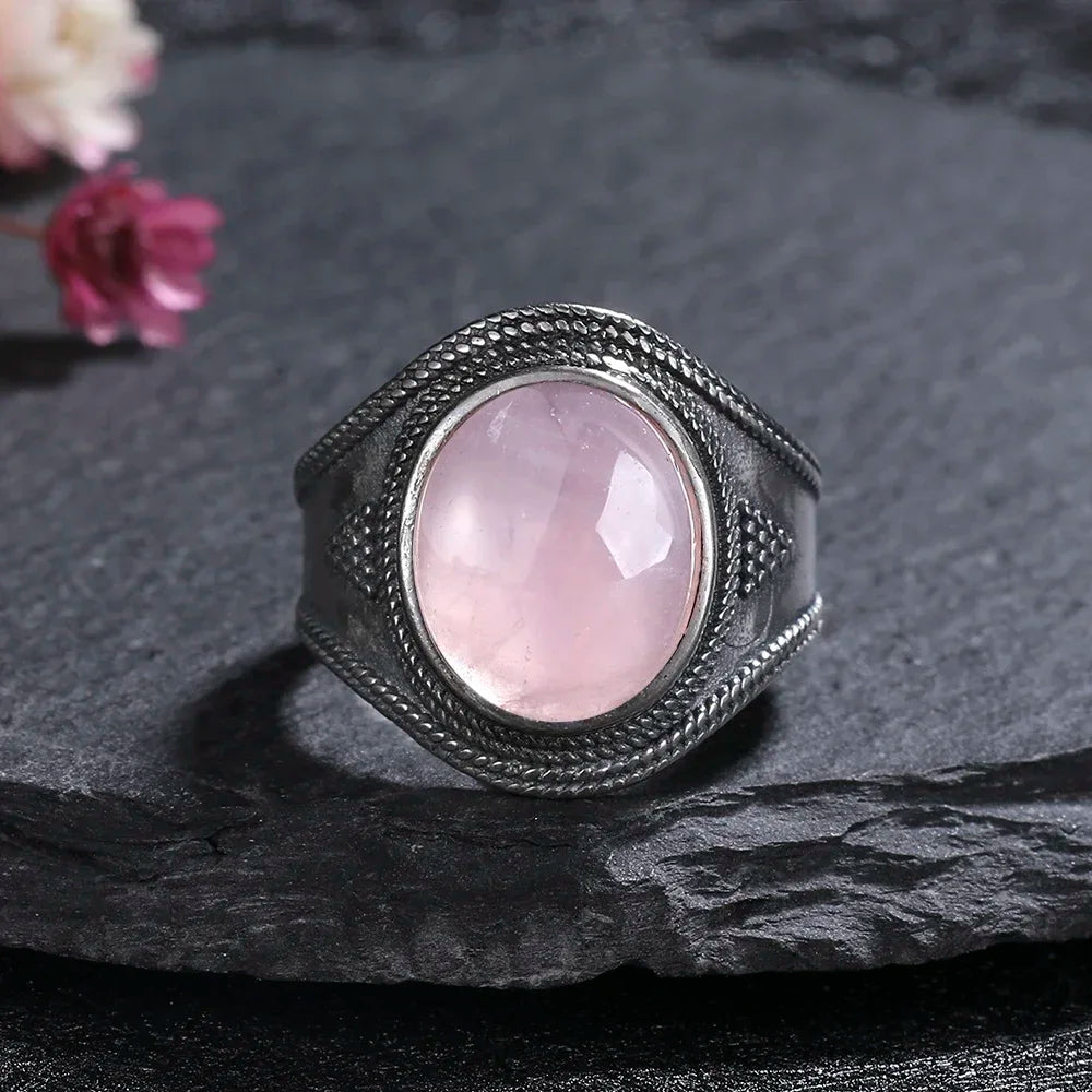 Vintage S925 Sterling Silver Ring Oval Round Natural Rose Quartz Ring Pink Stone Sun Shaped Retro Silver Fine Jewelry For Women