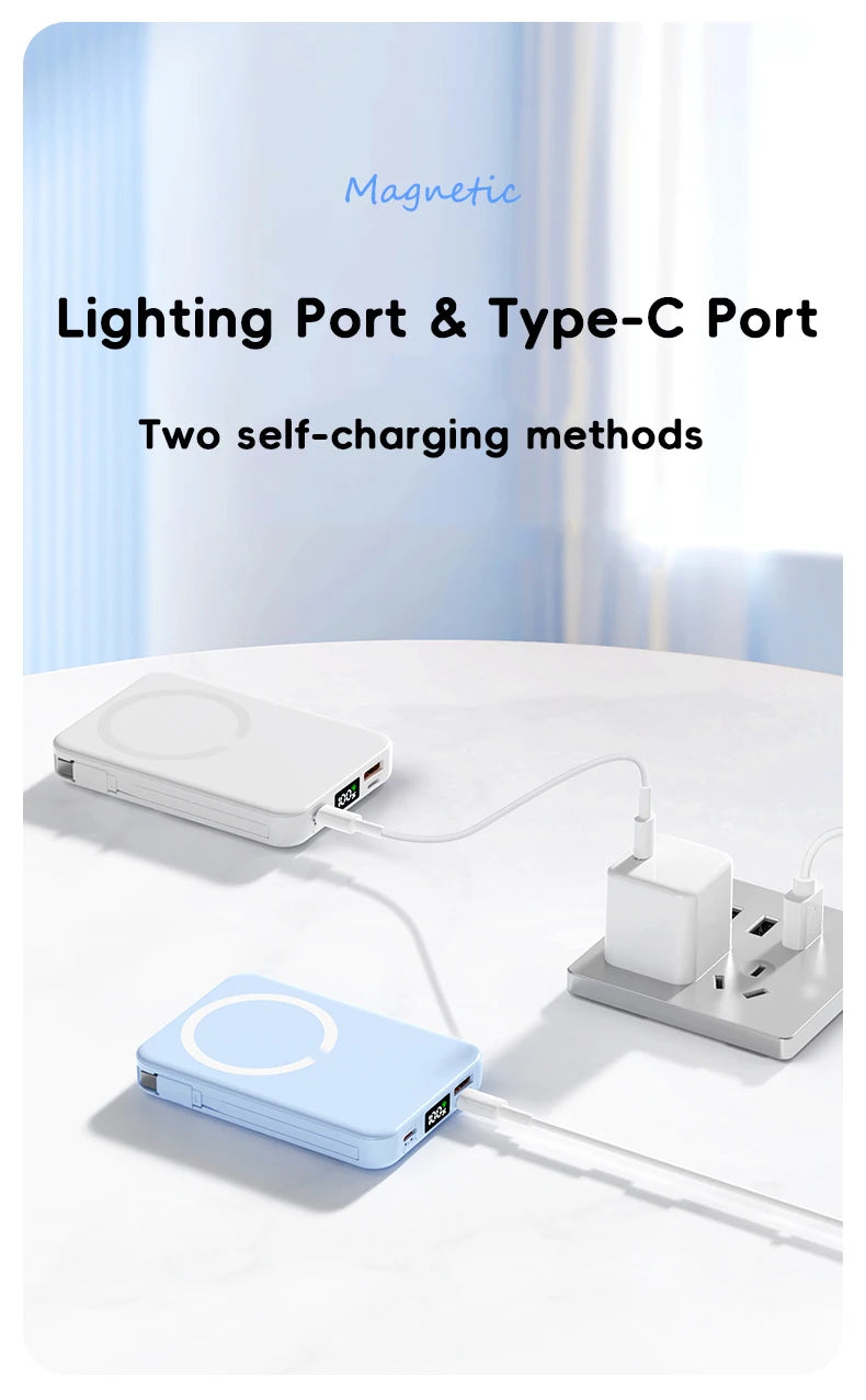 10000mAh Magnetic Wireless Power Bank with Built in Cables and Fast Charging Stand