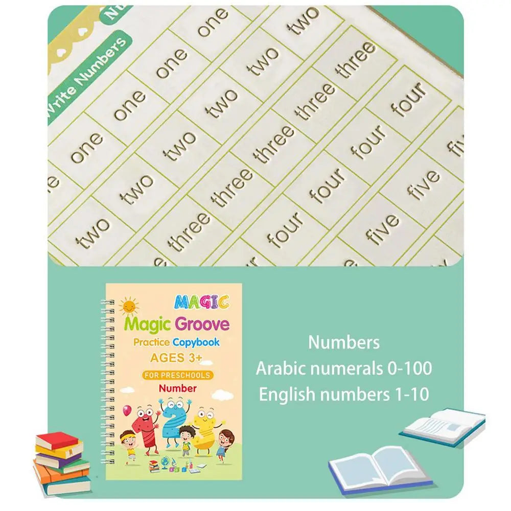 4-Pack Magic Grooved Handwriting Workbooks | Reusable Tracing Set with Pen Aid